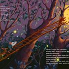 Text: Tiere bauen eine Leiter, Maus klettert, fragt nach Käse. Illustration: Tiere auf Leiter, Maus erreicht fast Vollmond als Käse.