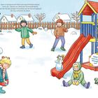 Text: „Hurra, es hat geschneit!“, „Klebst du auch ein paar Schneebälle auf?“. Kinder spielen im Schnee mit Schneemann.
