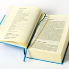 Geöffnete Bibel in gerechter Sprache. Neues Testament, Inhaltsverzeichnis und Einführungstext sichtbar, mit Lesebändchen.