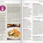 "Satt & glücklich", "Mehr als Fish’n’Chips", "Moderne und gesunde Küche ist auch in Glasgow in." Zwei Seiten eines Magazins über Essen mit Text und Bild von gebratenem Fisch mit Gemüse auf einem Teller.