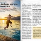 "Der Gardasee und seine Wasserqualität. Mikropastik und andere Gefahren" links. Junge springt ins Wasser bei Sonnenuntergang.