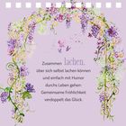 Ein Spruch von Epikur von Samos über Glück und Wünsche vor einer unscharfen rosa Blütenkulisse.