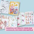 Randvoll mit Kreativ-Ideen zum Ausmalen, Zeichnen und Basteln. Verschiedene offene Hefte mit bunten Illustrationen.
