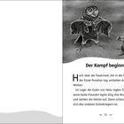 "Der Kampf beginnt. Hoch über der Feuerinsel, die in der Ferne vor der Küste Perodias lag, wirbelten dunkle Wolken." Illustration einer Eule und eines Eichhörnchens.