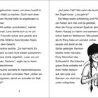 Seite mit Text über ein Ausreiten im Wald im Regen. Rechts eine Zeichnung von einem lächelnden Mädchen mit Reithelm.
