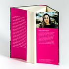 Ein Buch mit einem Zitat auf pinkem Hintergrund links und rechts Text über Shea Ernshaw mit Foto darüber.