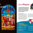 "Zeig, wer du bist!", "Bunte Wappen", "Gestalte dein eigenes Wappen!" Links Buntglasfenster, rechts Ritter, Wappen.