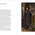 "The Arnolfini Portrait (Giovanni Arnolfini and his wife), 1434." Linke Seite: Textbeschreibung. Rechte Seite: Gemälde eines Paares in prunkvoller Kleidung, stehender Hund.