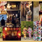 Oben: viele rote Tafeln mit Schriftzeichen. Unten: beleuchtete Laternen und zwei Menschen in bunten Kimonos.