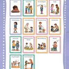 Übersicht der Karten: Schlaf, Sicherheit, Sinnhaftigkeit, Spaß, Toilettengang, Unterstützung, Verantwortung, Verständnis, Vertrauen, Wahrgenommen werden, Wertschätzung, Wissen, Zugehörigkeit, Zuverlässigkeit. Illustrationen von Kindern in verschiedenen Aktivitäten.