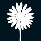 Es handelt sich um ein Logo mit einer stilisierten weißen Blume auf dunkelblauem Hintergrund.