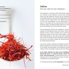Text links oben: IL CASTAGNOLINO, Adresse und Kontaktdaten. Rechts: Titel "Safran", Untertitel "Das rote Gold von San Gimignano". Unten: Empfehlung "Schmeckt am besten bei Il Castagnolino". Bild: Safranfäden auf einem Löffel.