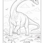 Illustration eines Dinosauriers auf einem Felsen; umgeben von Wüste mit Pflanzen, Bergen und Wolken.