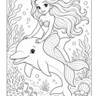 Eine fröhliche Meerjungfrau mit lockigem Haar und Stern im Haar, umgeben von drei lächelnden Fischen. Unterwasserwelt mit Algen.