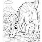 Eine fröhliche Dinosaurier-Illustration: Ein dinosaurierähnliches Tier trinkt Wasser aus einem Teich in einer prähistorischen Landschaft.