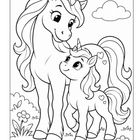 Illustration von einem großen und einem kleinen Einhorn auf einer Wiese, mit Blumen und einer Wolke im Hintergrund.