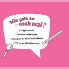 Text in Sprechblase: "Wie geht das noch mal?" mit Anleitung. Illustrationen einer Lupe und eines Stifts. Hintergrund pink.