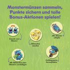 Text: "Monstermünzen sammeln, Punkte sichern und tolle Bonus-Aktionen spielen!" Illustrationen von Monstern und Aktionen.