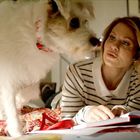 Eine Frau im gestreiften Pullover liest ein Buch, während ein weißer Hund sie neugierig ansieht.