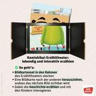 Kamishibai-Erzähltheater mit Textanleitung. Bildkarten zeigen ein grünes Wesen. Unten rechts Don Bosco Logo.