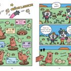 Eine Illustration mit spielenden Gophers, die Zwiebeln werfen. Texte: "Onion Launch!", "10 points!", "Winner!", usw.