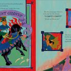 "COUNT GIDDYUP." Ein Ritter auf einem schwarzen Pferd, ein erschrockener Page, und Comic-Stil Illustrationen mit bunten Rahmen.