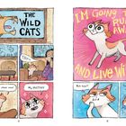 Links oben „THE WILD CATS“, rechts „I'M GOING TO RUN AWAY AND LIVE WILD“. Zeichnungen einer Katze mit ausdrucksstarken Augen.