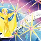 "DOLLY IS A SINGER, A SONGWRITER, AND AN ACTRESS." Illustration einer strahlenden Person in Gelb mit bunten Lichtern und Noten.