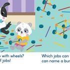 Links die Texte: "What can we do with wheels? They have lots of jobs!" Rechts: "Which jobs can wheels do? I can name a bunch!" Drei Tiere spielen mit bunten Bauteilen.