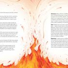 Links steht "USES OF FIRE" mit Texten über verschiedene Nutzungen von Feuer wie Feier, Ritual, Abenteuer etc. Unten sind orange-gelbe Flammen.