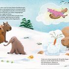 Text: Tiere im Schnee. Ein Capybara hat eine Karottennase. Traumblase mit fliegendem Capybara. Szenen mit Schnee und Spiel.