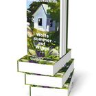 Titel: "Wolfssommer auf Wiggo" von Catrin Ormestad. Ein Gemälde zeigt ein kleines weißes Haus in einer grünen Landschaft.