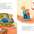Texte: Max bekommt Streit mit Felix. Felix lacht über ein Bild, nicht über Max. Sie klären das Missverständnis zusammen.

Illustration: Zwei Jungen in einem Zimmer, einer auf einem Sofa mit Buch, der andere zeichnet. Ein Erwachsener beobachtet sie. Kinder lachen.