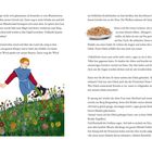 Text auf den Seiten 18 und 19 eines Buches. Links unten ein Ritter auf einer Blumenwiese, rechts oben Spaghetti, rechts unten eine alte Frau.