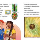 Illustration mit einem Kind, Bildern an der Wand, zwei Künstlern und einem Schild mit "Kokosnuss".
