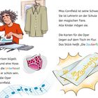 Mister Morrison bügelt. Ein Mann mit Locken, bügelt Kleider. Noten, ein Hemd, Unterhose und Opernkarten sind abgebildet.