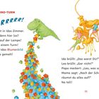 Titel: "2 Der Dino-Turm". Text beschreibt Chaos in Idas Zimmer. Illustration zeigt einen grünen Dino auf Bauklötzen.