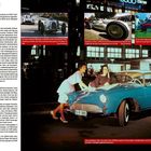 AUTO UNION: Zwei Frauen lehnen an einem blauen Auto Union 1000 Sp Coupe vor einem modernen Gebäude. Texte beschreiben Autos.