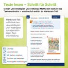 Text: "Texte lesen – Schritt für Schritt. Werkstatt-Teil mit hilfreichen Lesestrategien." Bild zeigt Lesetipps.