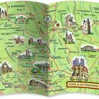 Eine farbenfrohe Karte mit Texten wie "York & the Yorkshire Dales" und Ortsnamen. Zeichnungen von Abteien und Burgen sind integriert.