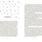 Seite mit Nummer "7" und "8", Titel "1. DAWSON". Text über Gedanken und Erlebnisse auf einer Eislaufbahn. Schneeflocken verzieren die Seite.