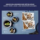 Abwechslungsreicher Rätselspaß durch Wort-, Logik- und Denksport-Aufgaben. Löffelrätsel und Fehlersuche mit Bildern von Speisen.