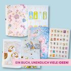 "Ein Buch, unendlich viele Ideen!" Verschiedene florale und dekorative Muster und Illustrationen auf Buchseiten.