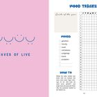 "MOOD TRACKER", "Moods", und "HOW TO". Links "WAVES OF LIVE" und lächelnde Gesichter auf rosa Hintergrund.