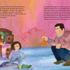 Links beschreibt ein Text, dass Papa Toni bei der frischen Unterwäsche hilft. Rechts sitzen sie beim Sockenproblem. Bunte Illustration.