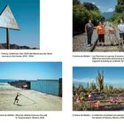 "Center of the World" Schild in Wüste. Vier Frauen auf Gleisen. Athlet mit Stab am Strand. Pinatas in Wüste mit Kakteen.
