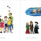 152 Ilon Wikland Cover Wir Kinder aus Bullerbü Gesamtausgabe 1970. 154, 155 Katrin Engelking Willkommen in Bullerbü 2025.   
Links oben: Gruppe von Kindern, die von Vögeln umgeben sind. Rechts oben: Drei Mädchen schwimmen im Wasser. Unten: Menschen in traditionellen oder altertümlichen Kleidern.