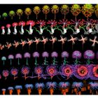 DRUKKEN. Chronografie 1-6, 2026 – Fraktalblumen-Serie. Sechs Sublimationsgrafiken. Bunte abstrakte Blumenillustration.