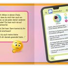 „Hey! Hier bin ich: Mitten in deinen Chats.“ Ein kleiner Roboter und ein Handy mit Chat. Rechts eine Frage zur Botschaft.