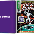 Links steht "THE COMICS" auf lila Hintergrund. Rechts Comic-Cover: "The Silver Surfer" mit Figur auf Surfbrett.